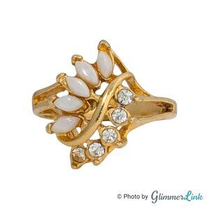 Vintage Uncas Faux Opal & Rhinestone Gold Tone Cocktail Ring – Size 6